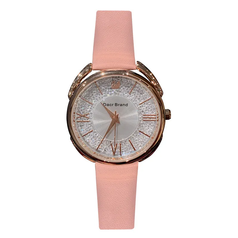 Women's Watch Roman Scale Little Swan Pattern dial pink leather fashion quartz watch