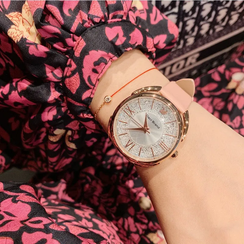 Women's Watch Roman Scale Little Swan Pattern dial pink leather fashion quartz watch