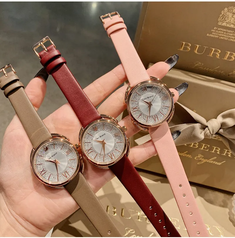 Women's Watch Roman Scale Little Swan Pattern dial pink leather fashion quartz watch