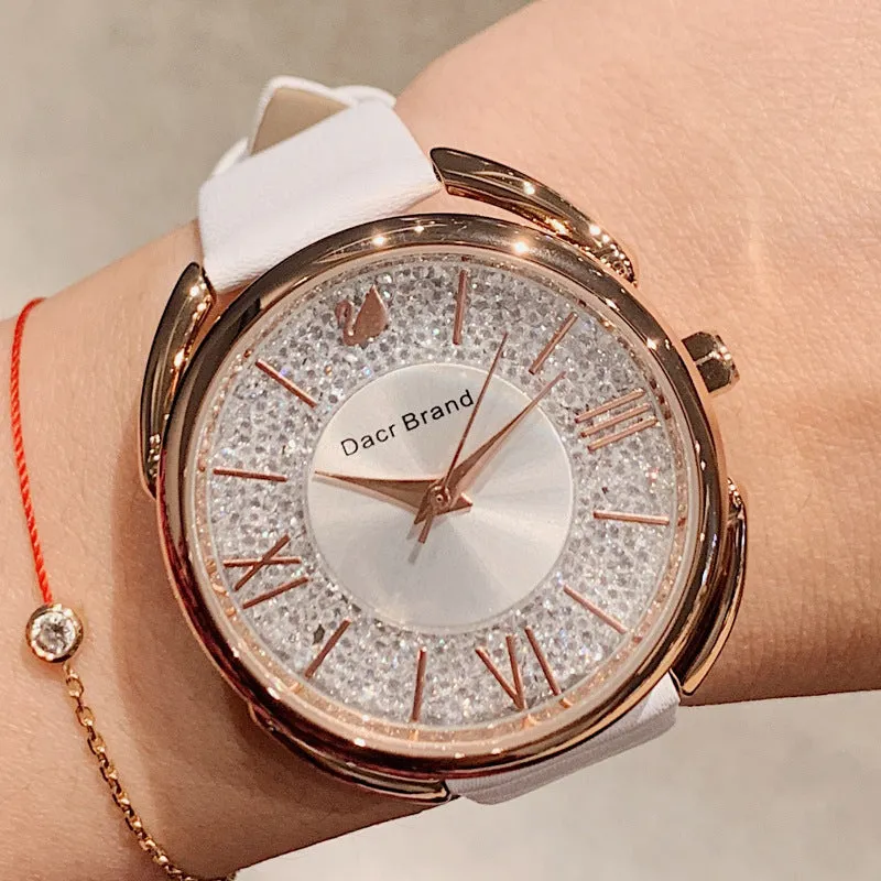 Women's Watch Roman Scale Little Swan Pattern dial pink leather fashion quartz watch