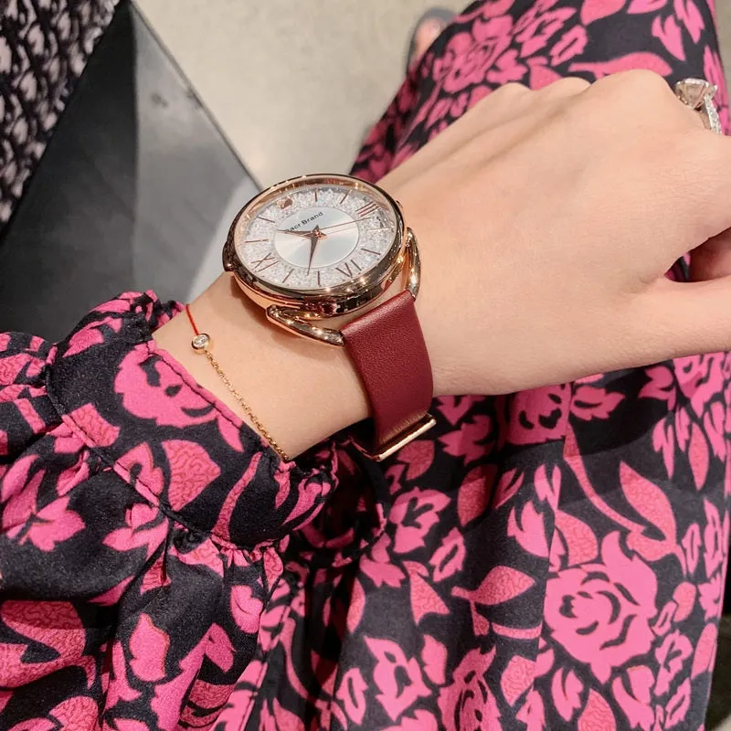 Women's Watch Roman Scale Little Swan Pattern dial pink leather fashion quartz watch