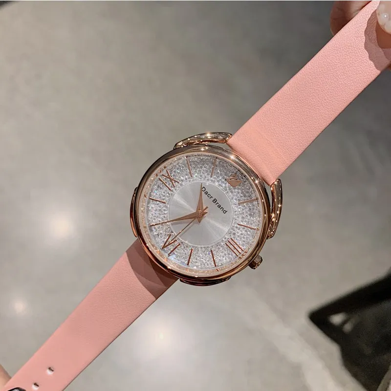 Women's Watch Roman Scale Little Swan Pattern dial pink leather fashion quartz watch