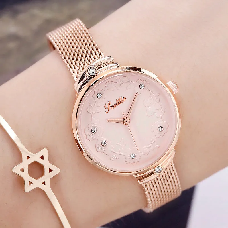 Women's Watch Rose gold printed Diamond-inlaid dial milan strap elegant watch