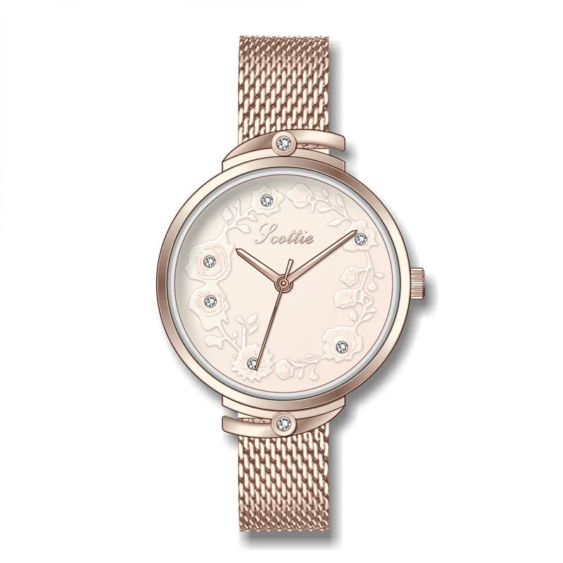 Women's Watch Rose gold printed Diamond-inlaid dial milan strap elegant watch