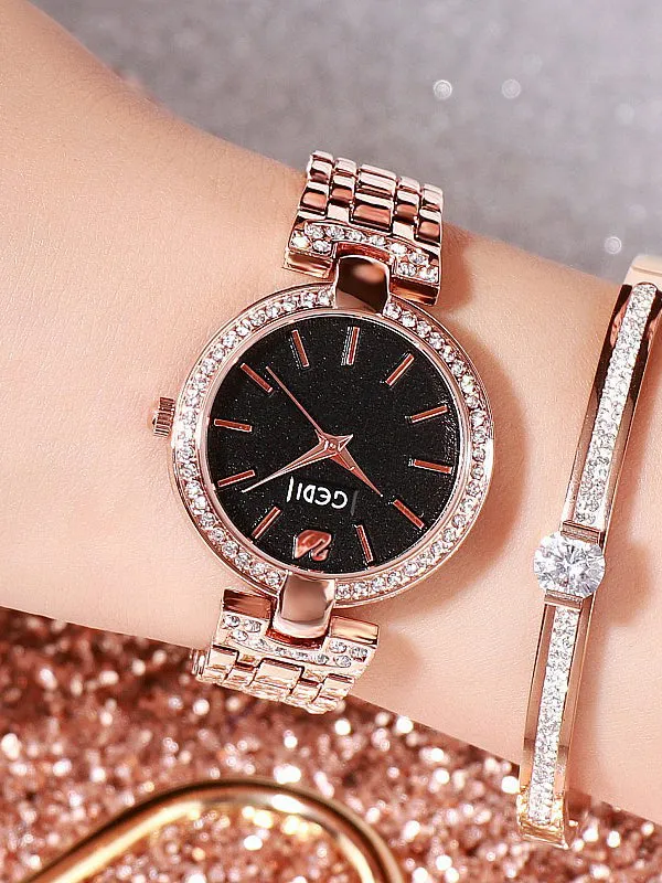 Women's Watch Round Shape With Diamond Elegant stainless steel strap fashion watch